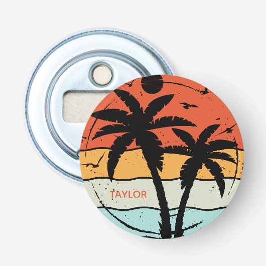 Zonsondergang Retro Vintage Strand Palmboom  Button Flesopener (Voorkant)
