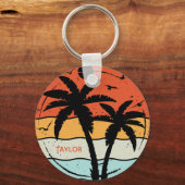 Zonsondergang Retro Vintage Strand Palmboom Sleutelhanger (Voorkant)