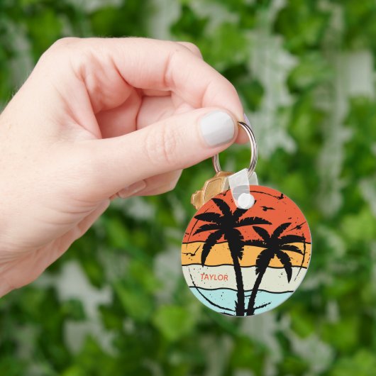Zonsondergang Retro Vintage Strand Palmboom Sleutelhanger (Hand)