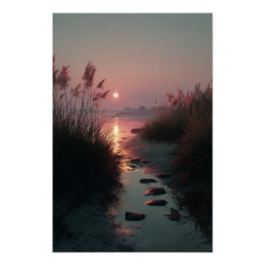 Zonsondergang Rietstengels Stroom Kustpad Gloed Perfect Poster (Voorkant)
