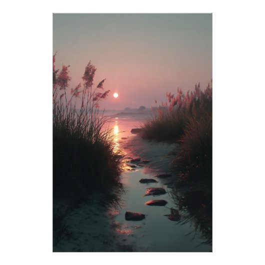 Zonsondergang Rietstroom Kustpad Gloed Foto Afdruk (Voorkant)