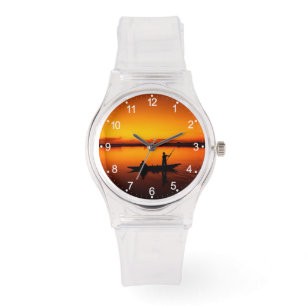 Zonsondergang, Roeiboot Silhouette-16497 Horloge