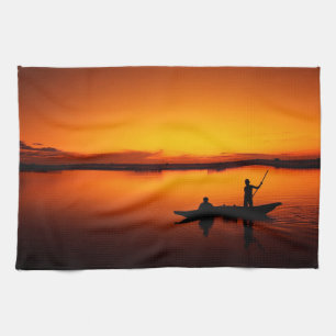 Zonsondergang, Roeiboot Silhouette-16497 Theedoek