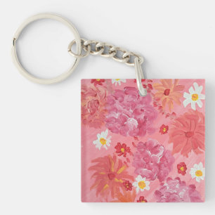 Zonsondergang Roos Bloemen Acryl Vierkante Sleutel Sleutelhanger