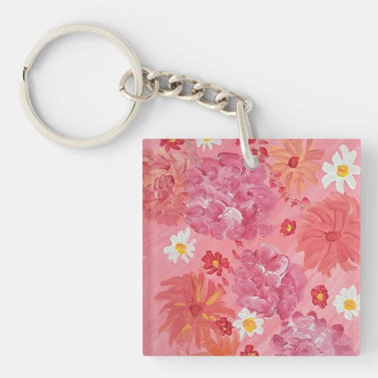 Zonsondergang Roos Bloemen Acryl Vierkante Sleutel Sleutelhanger (Voorkant)