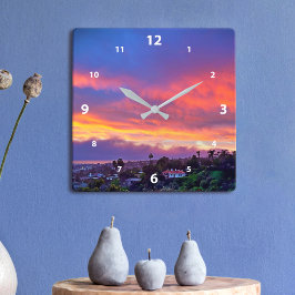 Zonsondergang roze blauwe wolken modern foto mooi vierkante klok