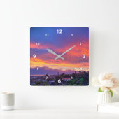 Zonsondergang roze blauwe wolken moderne foto mooi vierkante klok (Huis)