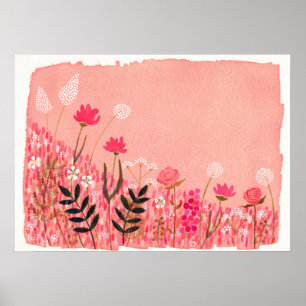 Zonsondergang Roze Wild Field Artiest Waterverf Sc Poster