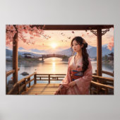 Zonsondergang Sakura Tree met mooie Aziatische vro Poster (Voorkant)
