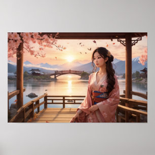 Zonsondergang Sakura Tree met mooie Aziatische vro Poster