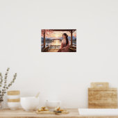 Zonsondergang Sakura Tree met mooie Aziatische vro Poster (Keuken)