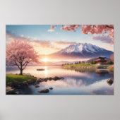 Zonsondergang Sakura Tuin met Berg Uitzicht Poster (Voorkant)