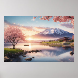 Zonsondergang Sakura Tuin met Berg Uitzicht Poster
