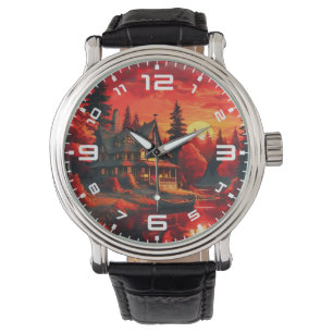 Zonsondergang Schilderen met Cottage en Lake-66633 Horloge