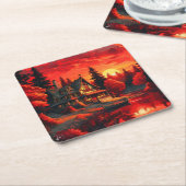 Zonsondergang Schilderen met Cottage en Lake-66633 Kartonnen Onderzetters (Schuin)