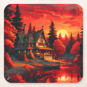 Zonsondergang Schilderen met Cottage en Lake-66633 Kartonnen Onderzetters