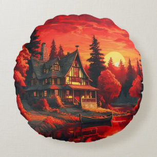 Zonsondergang Schilderen met Cottage en Lake-66633 Rond Kussen