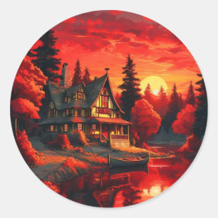 Zonsondergang Schilderen met Cottage en Lake-66633 Ronde Sticker