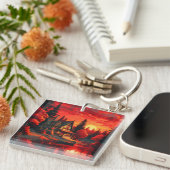 Zonsondergang Schilderen met Cottage en Lake-66633 Sleutelhanger (Voorkant Rechts)