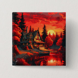Zonsondergang Schilderen met Cottage en Lake-66633 Vierkante Button 5,1 Cm