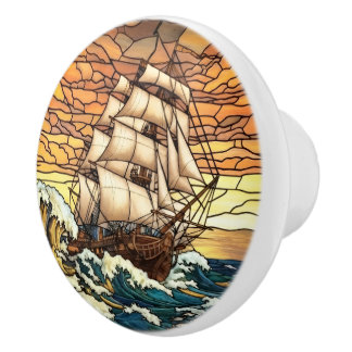 Zonsondergang, Schip, Dramatische Zee, Vintage Sch Keramische Knop