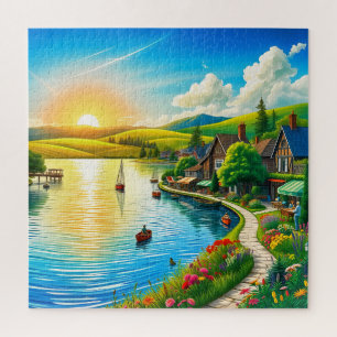 Zonsondergang Sereniteit bij het Merenoords Dorp Legpuzzel