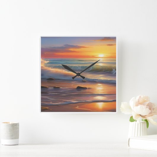 Zonsondergang Sereniteit: Golven van rust Vierkante Klok (Huis)