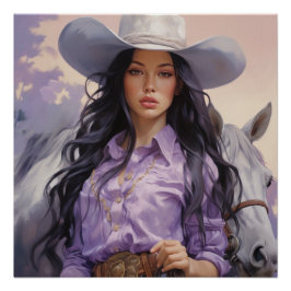 Zonsondergang Serenity: Cowgirl Wall Art Perfect Poster
