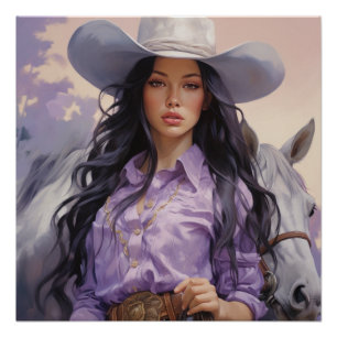 Zonsondergang Serenity: Cowgirl Wall Art Perfect Poster