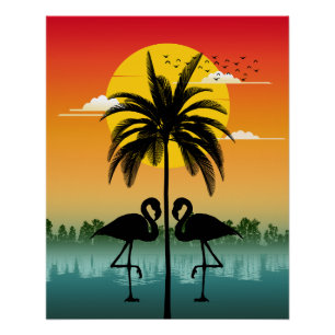 Zonsondergang Silhouet Flamingo Liefhebber Zomer V Perfect Poster