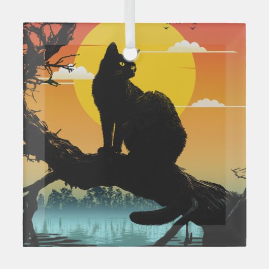 Zonsondergang Silhouet Kat En Boom Glas Ornament (Voorkant)