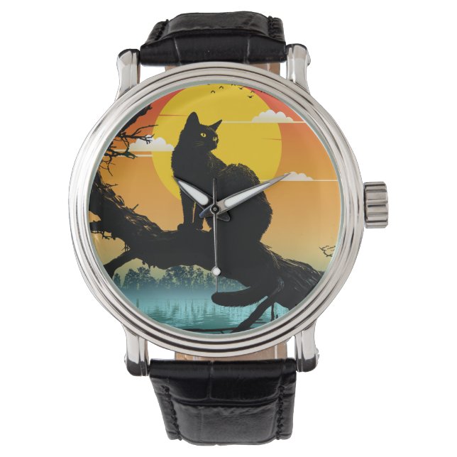 Zonsondergang Silhouet Kat En Boom Horloge (Voorkant)