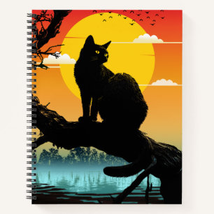 Zonsondergang Silhouet Kat En Boom Notitieboek