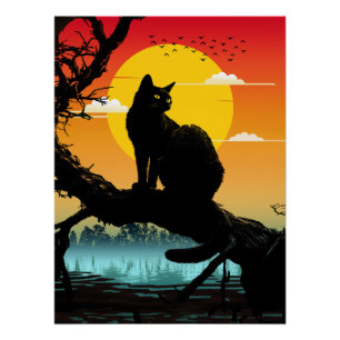 Zonsondergang Silhouet Kat En Boom Perfect Poster