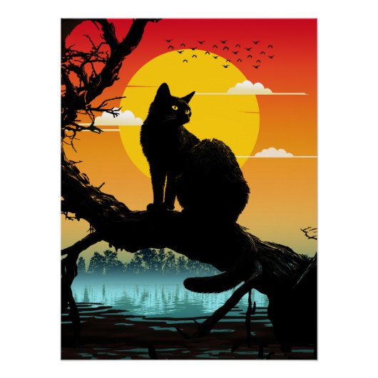 Zonsondergang Silhouet Kat En Boom Perfect Poster (Voorkant)