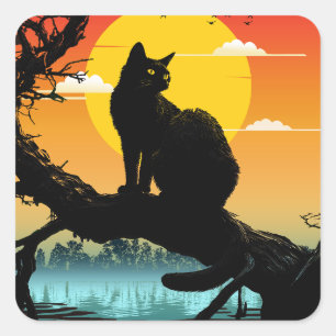 Zonsondergang Silhouet Kat En Boom Vierkante Sticker