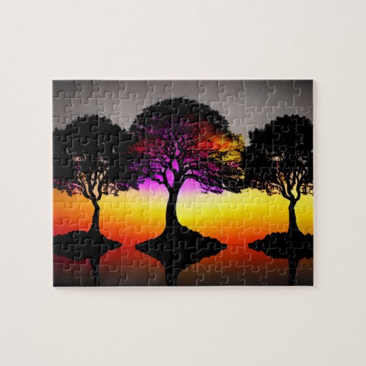 Zonsondergang Silhouet Kunst met Kleurrijke Zonson Legpuzzel (Horizontaal)