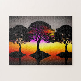 Zonsondergang Silhouet Kunst met Zwarte Bomen en K Legpuzzel