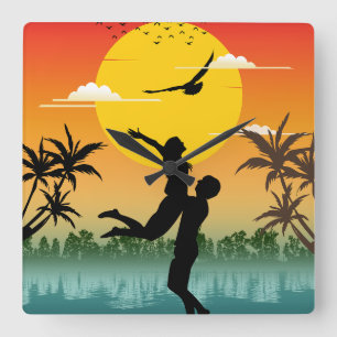 Zonsondergang Silhouet Liefhebber Zomer Vibes Roma Vierkante Klok