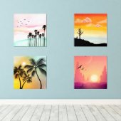 Zonsondergang Silhouetten & Tropische Vibes Muurkunst Sets (Houten vloer)