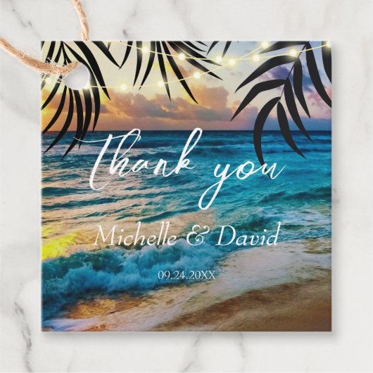 Zonsondergang Slingerlichten Strand Bedankjes Labels (Voorkant)