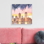 zonsondergang stadsgezicht | Waterverf schilderij Canvas Afdruk (Insitu (Woonkamer))