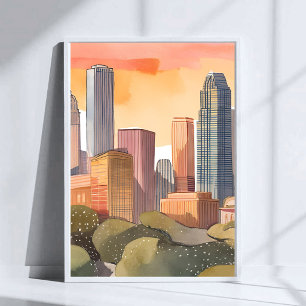Zonsondergang Stadssilhouet   Stadsprofiel Waterve Poster