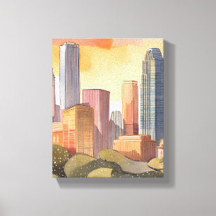 Zonsondergang Stadssilhouet   Waterverf Stadssilho Canvas Afdruk