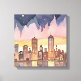 Zonsondergang Stadssilhouet Waterverfschilderij Canvas Afdruk