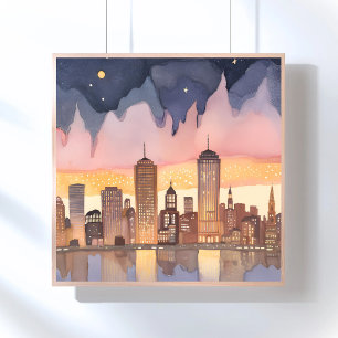 Zonsondergang Stadssilhouet   Waterverfschilderij Poster