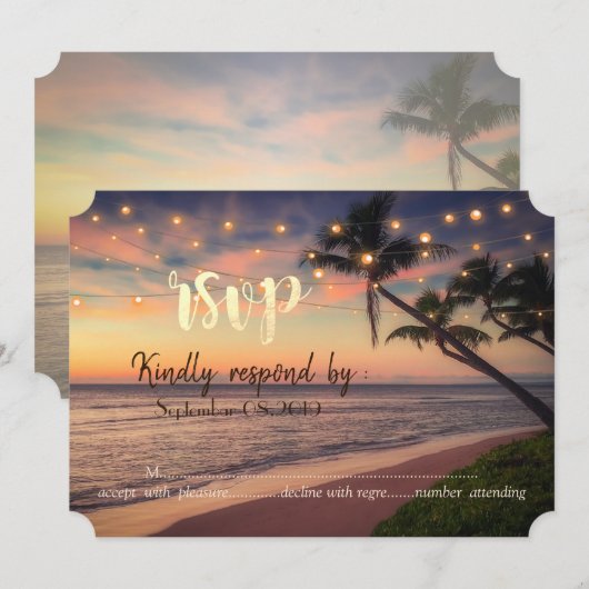 Zonsondergang Strand Bruiloft, Palmen, Lichten RSV Kaart (Voorkant / Achterkant)
