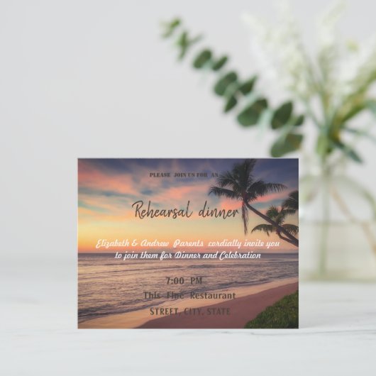 Zonsondergang Strand Bruiloft, Palmen Rehearsal Di Kaart (Staand voorkant)