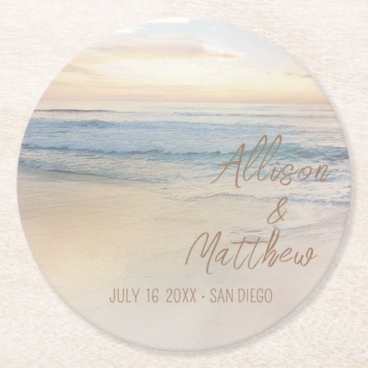 Zonsondergang Strand Bruiloft Ronde Kartonnen Onderzetter (Voorkant)