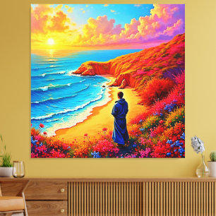 Zonsondergang Strand Eenzaamheid Sereniteit Design Canvas Afdruk